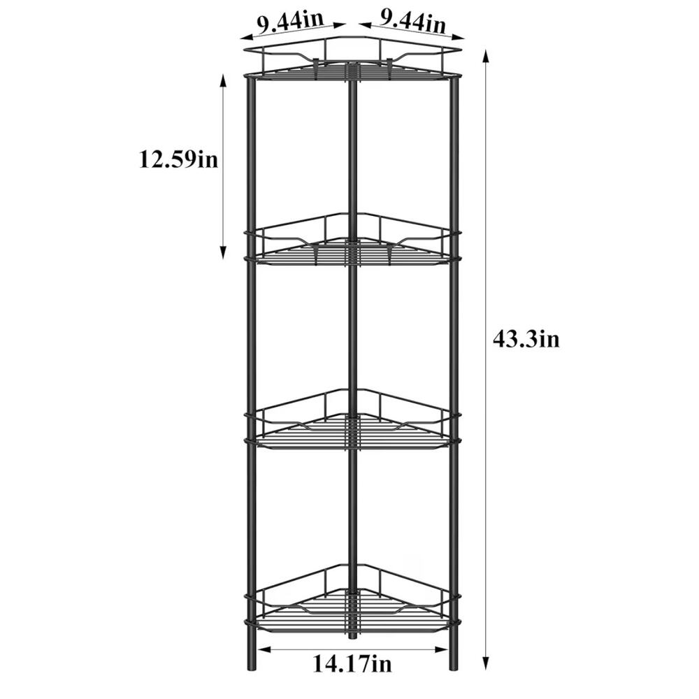 4 Tier Floor Standing Corner Shower Caddy Organizer Shelf with Hooks, Black - Picture 2 of 5